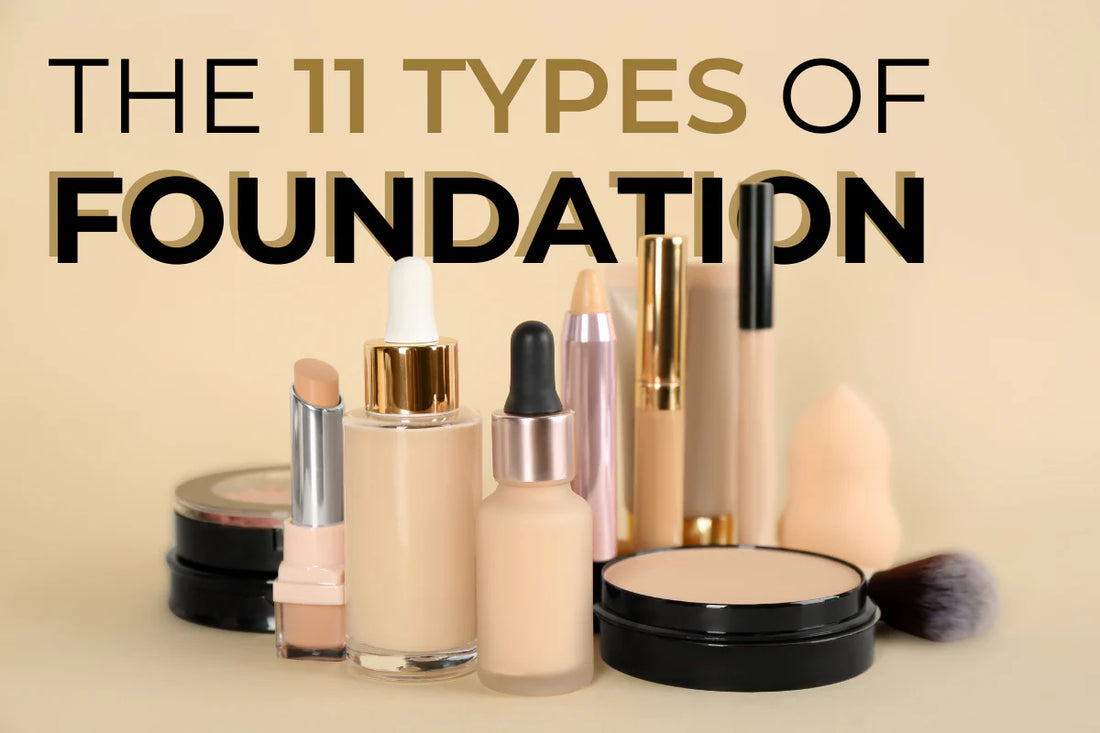 A variety of beige foundation products in different containers and finishes, showing unbranded foundation makeup.