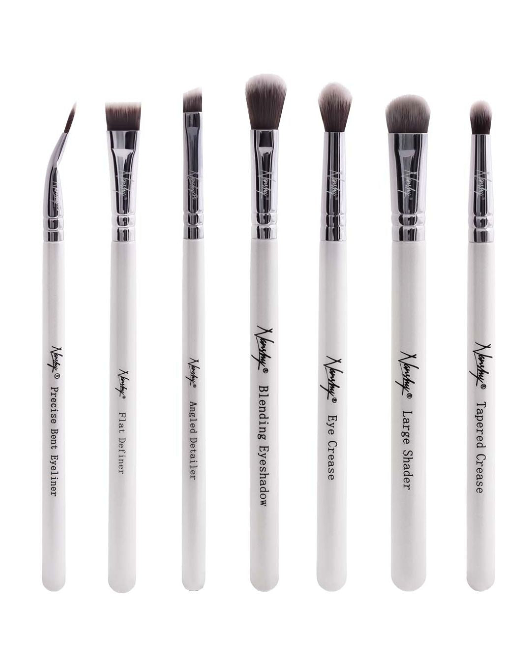 Set of seven Nanshy brand eye brushes with white handles, featuring various brush types including Precise Bent Eyeliner, Flat Definer, Angled Detailer, Blending Eyeshadow, Eye Crease, Large Shader, and Tapered Crease.