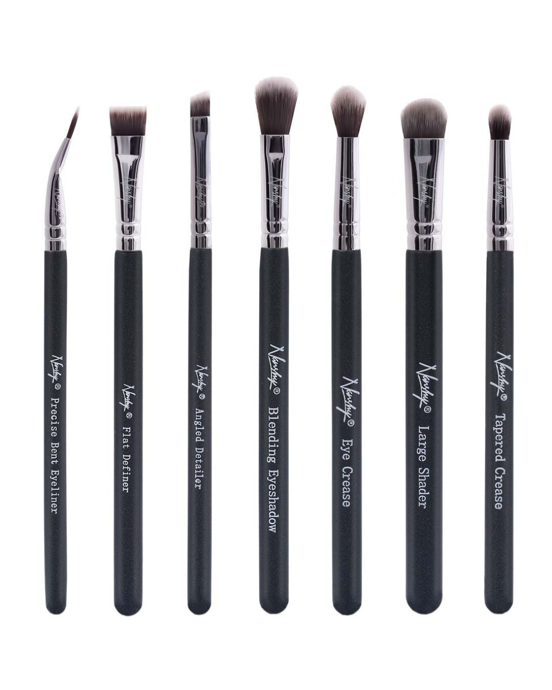 Set of 7 vegan eyeshadow brushes with black pearl-coated handles by Nanshy, including bent eyeliner, angled detailer, flat definer, blending eyeshadow, eye crease, tapered crease, and large shader brush.