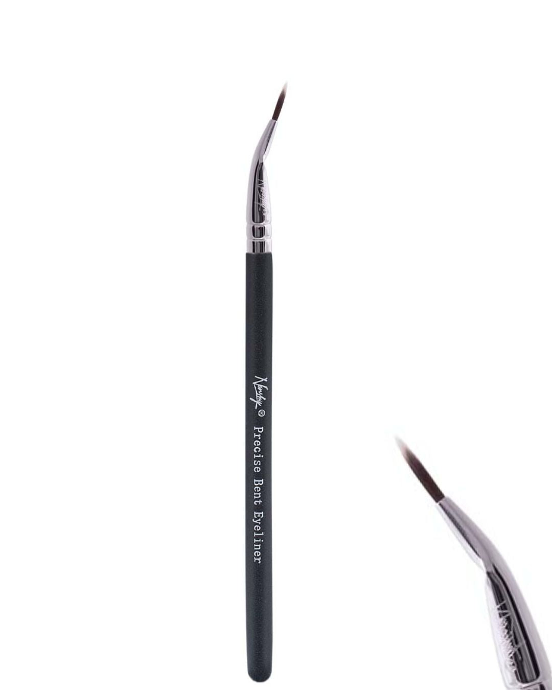 Precise Bent Eyeliner Brush from The Eye Brush Set with sleek, pearl-coated handle and soft, antibacterial synthetic bristles.