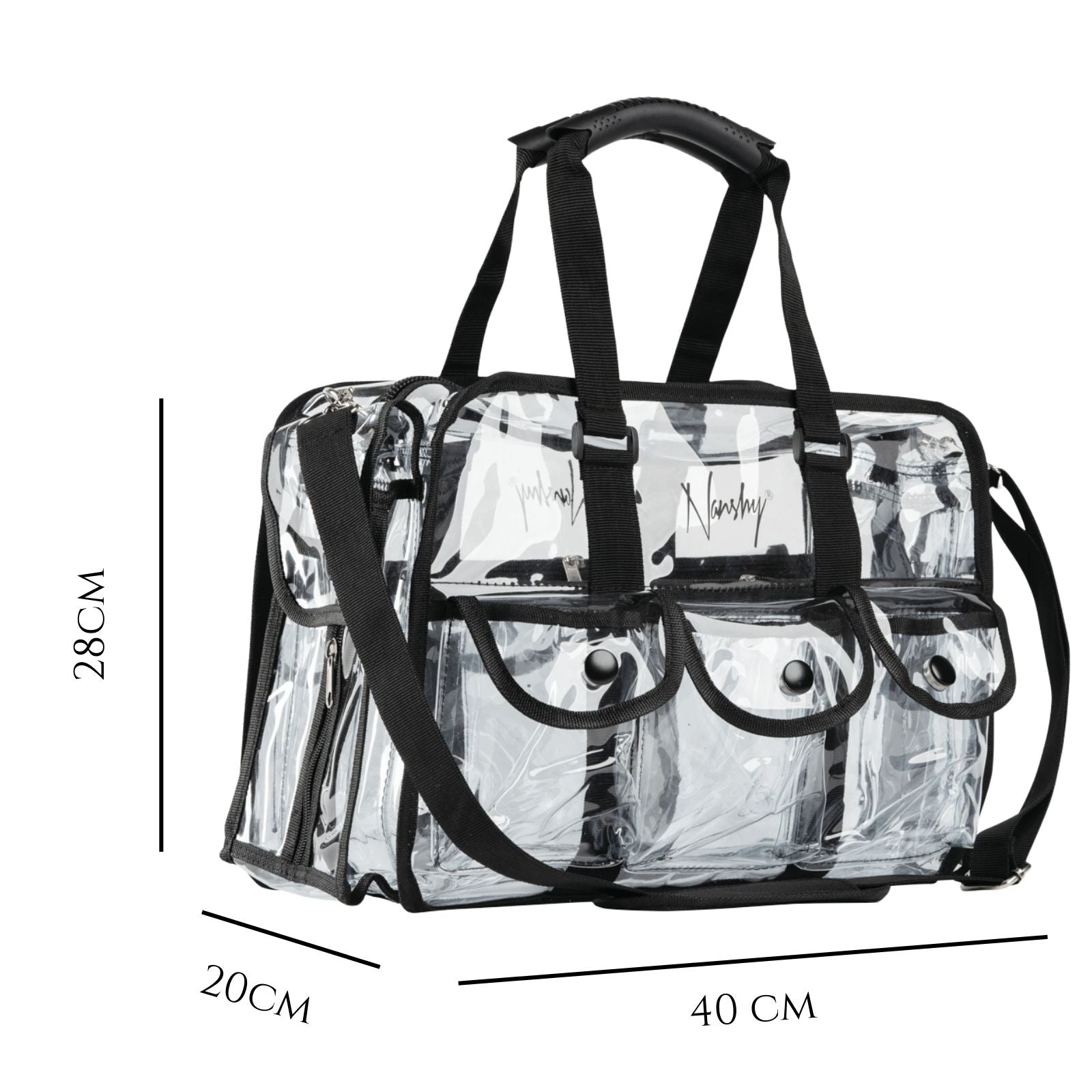 Large clear makeup kit bag by Nanshy with adjustable shoulder strap, multiple exterior pockets, and a spacious main compartment.