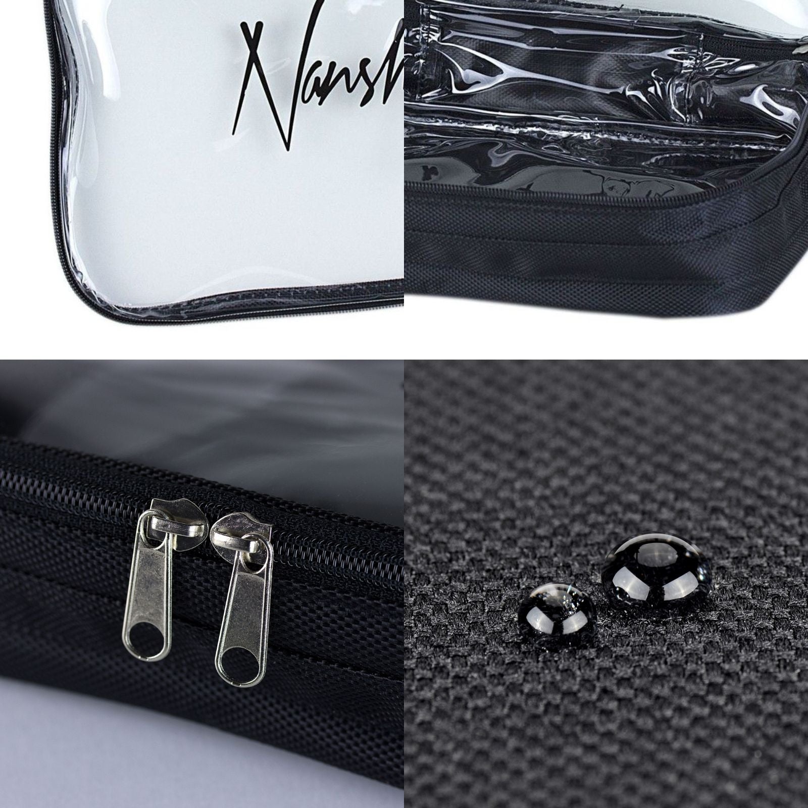 Close-up images of the "Nanshy Travel Organiser Bag" showing the durable nylon exterior, double zippers for easy access, clear plastic front for visibility, and water-resistant fabric with water droplets highlighting its protective feature.