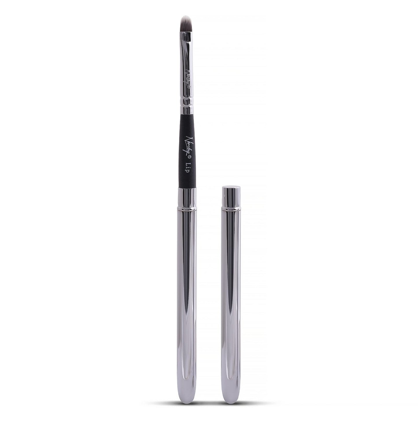 Sleek and elegant lip makeup brush with antibacterial synthetic bristles and a pearl-coated handle, perfect for precise application and easy travel.