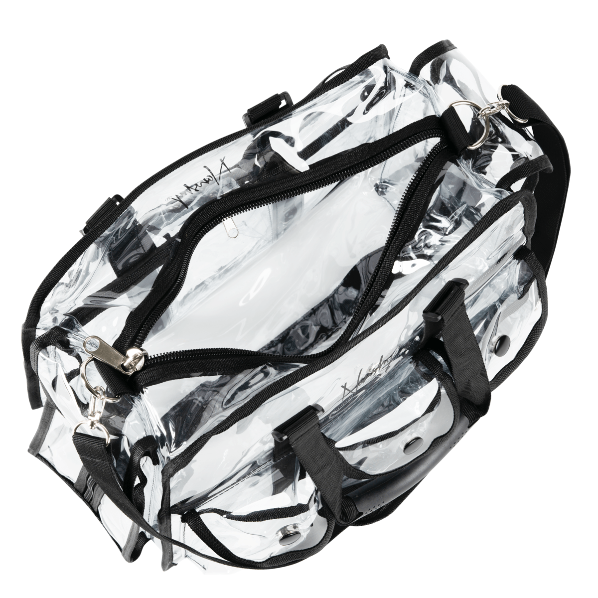 Large clear makeup kit bag with black adjustable shoulder strap, plenty of exterior pockets, and spacious central storage area.