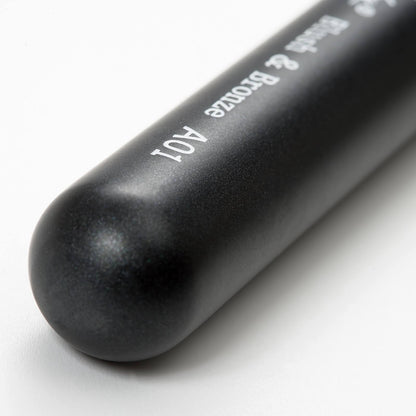 Close-up of the sturdy black metal ferrule of the Blush Makeup Brush with Nanshy logo engraved, featuring a sleek, waterproof wooden handle.