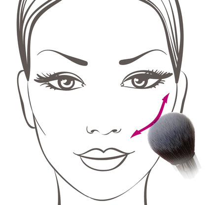 Illustration demonstrating how to apply blush with the Blush Makeup Brush, featuring soft, dome-shaped synthetic bristles for smooth and even application.